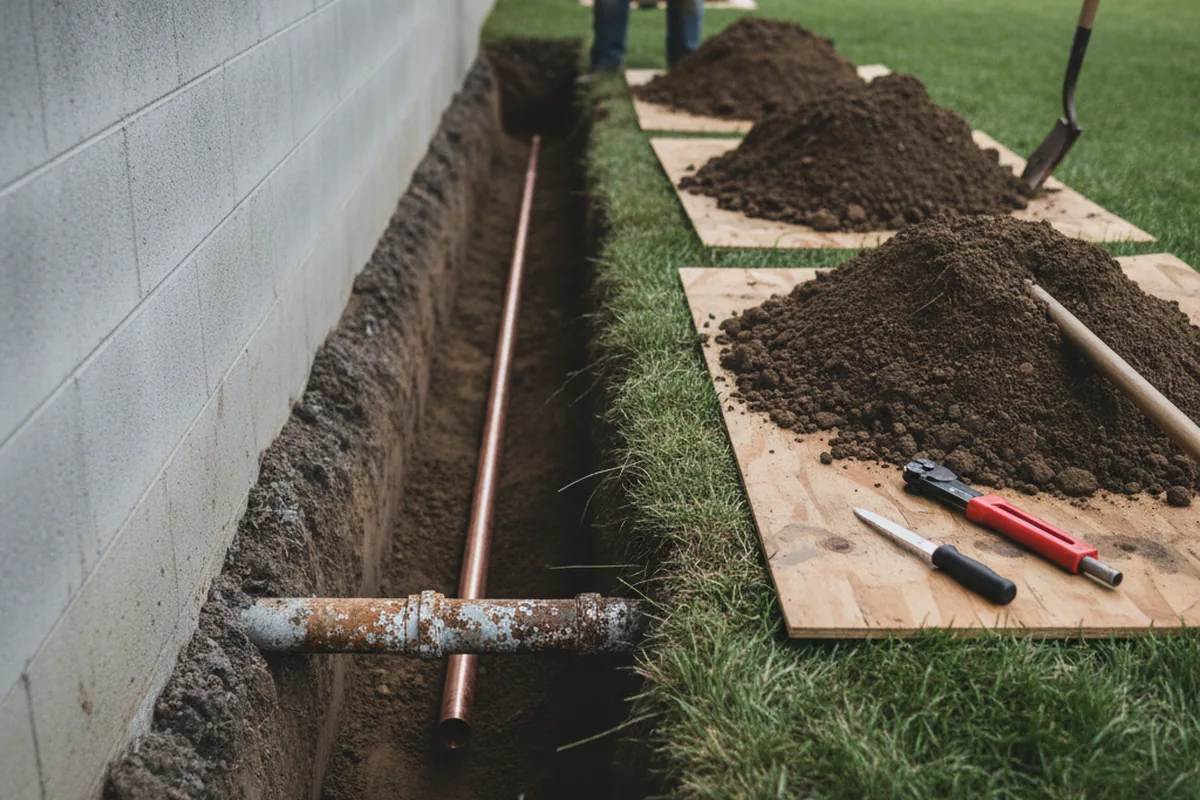 Excavated water line trench during Sewer Line Repair in Wisconsin Dells
